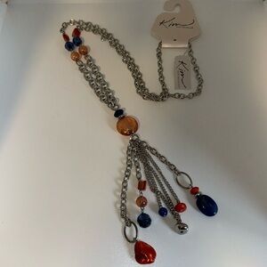 Kim Rogers Long Station Necklace w Tassel Silver Tone Orange & Blue Beads
